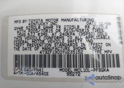 2000 Toyota Sienna Le z USA, uszkodzony, nr VIN 4T3ZF13C0YU235152